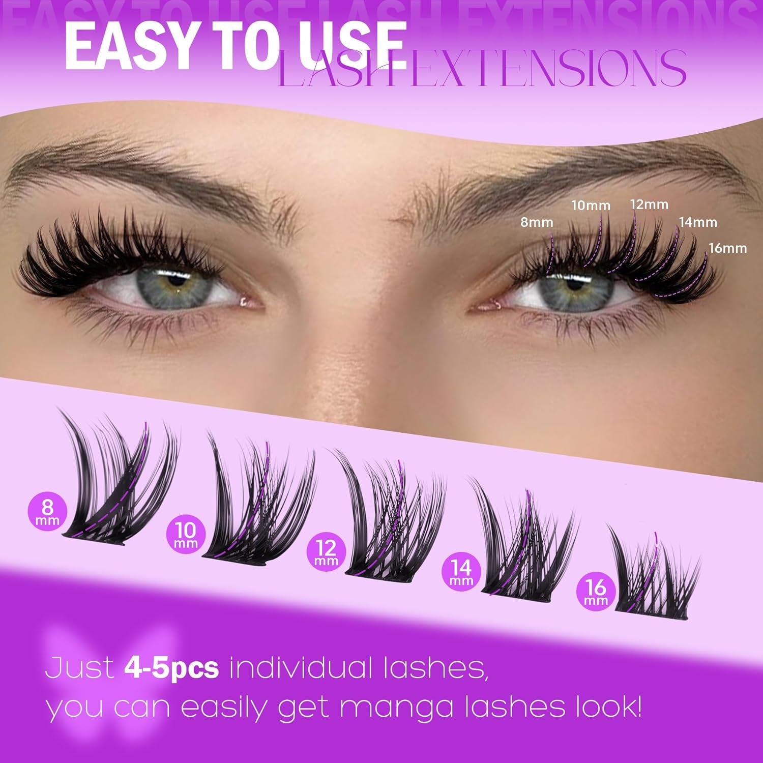 Wispy Cluster Lashes CD Curly Eyelash Clusters Natural Lash Extension Left + Right Cat Eye Lashes Manga Lash Clusters 8-16Mm Lash Extension Volume Cluster Eyelash Extensions DIY at Home