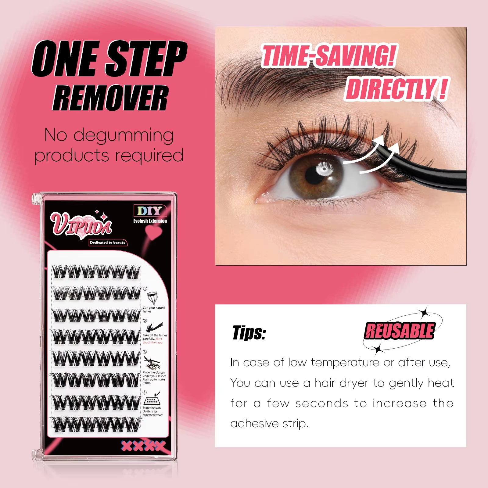 Self Adhesive Cluster Lashes Press on No Glue Needed Segmented Eyelashes Reusable DIY Individual Eyelash Extension