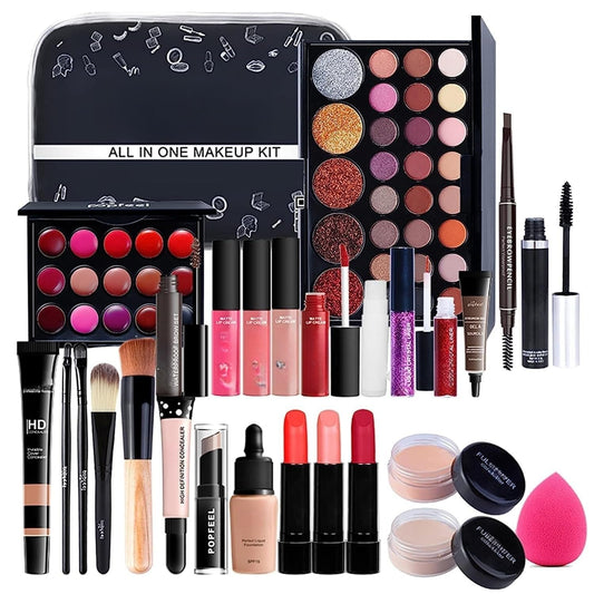 All in One Makeup Kit 27 Piece Makeup Kit for Women Full Kit, All in One Makeup Sets Include Eyebrow Eyeliner Eyeshadow Mascara Foundation Concealer Lip Gloss Lipstick Brush (Mkit-04)