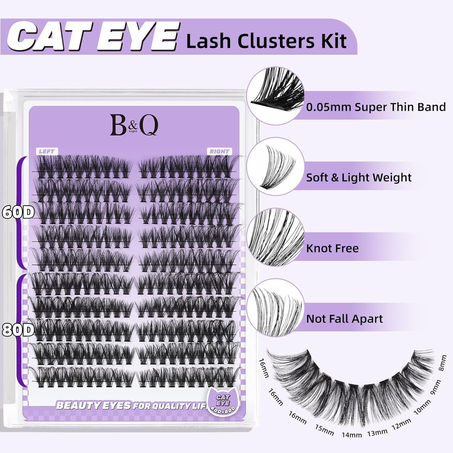 Cat Eye Lash Clusters Kit Wispy Lash Extension Kit D Curl Eyelash Clusters Kit Left & Right Cluster Eyelash Extensions 200PCS Cluster Lashes Kit with Lash Bond and Seal&Tweezer（Kit-Cat Eye 60D+80D）