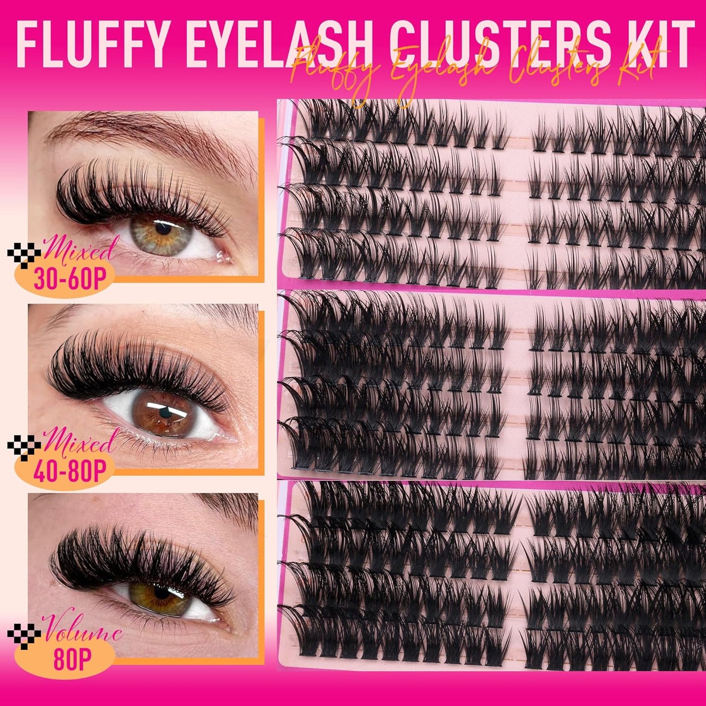 Lash Clusters Kit Wispy Cluster Eyelash Extensions Kit Left Right Cat Eye Lashes Bond and Seal Lash Tweezers D-Curly Volume Eyelash Clusters Kit Mixed Styles Full Individual Lashes Kit