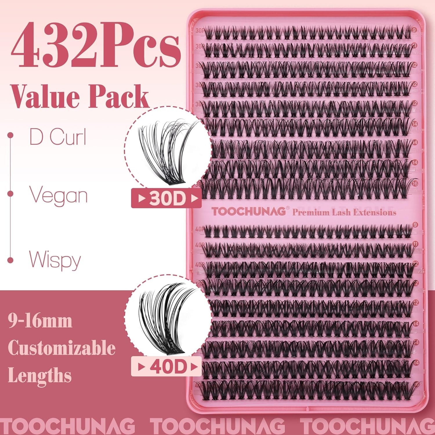 Lash Clusters 432Pcs Wispy Individual Lashes Clusters 30D+40D Cluster Eyelashes Extensions 9-16Mm D Curly Eyelash Clusters for DIY Natural Lash Extension at Home
