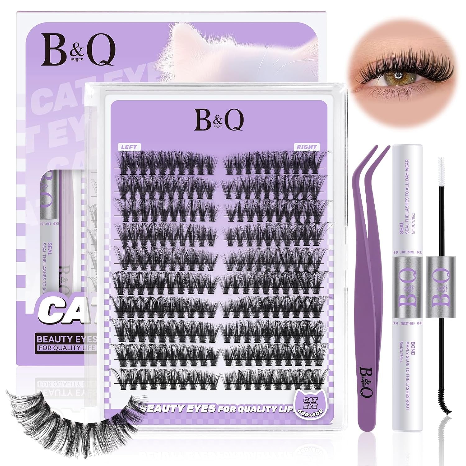 Cat Eye Lash Clusters Kit Wispy Lash Extension Kit D Curl Eyelash Clusters Kit Left & Right Cluster Eyelash Extensions 200PCS Cluster Lashes Kit with Lash Bond and Seal&Tweezer（Kit-Cat Eye 60D+80D）