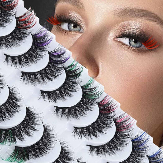 False Eyelashes with Color Fluffy Faux Mink Lashes Colored D Curl Strip Long Eye Lashes 10 Pairs Dramatic Lashes Volume Fake Eyelashes for Women and Girls