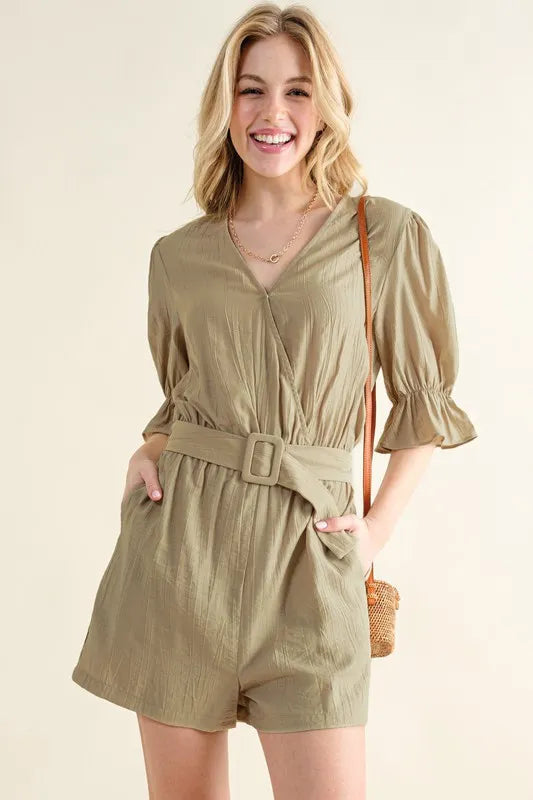 And The Why Flounce Sleeves Romper with Belt