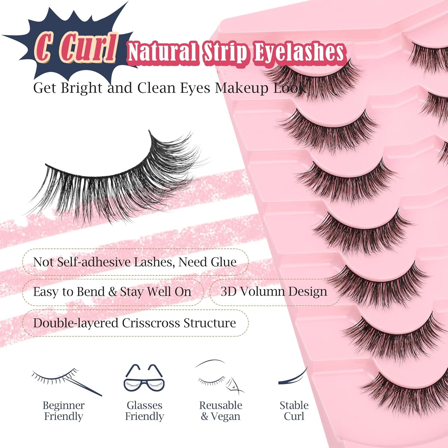 Lashes False Eyelashes 13MM Wispy Lashes Pack Fluffy Lash Strip Eyelashes with Thin Band C Curl Natural Lashes Fake Eyelash 7 Pair