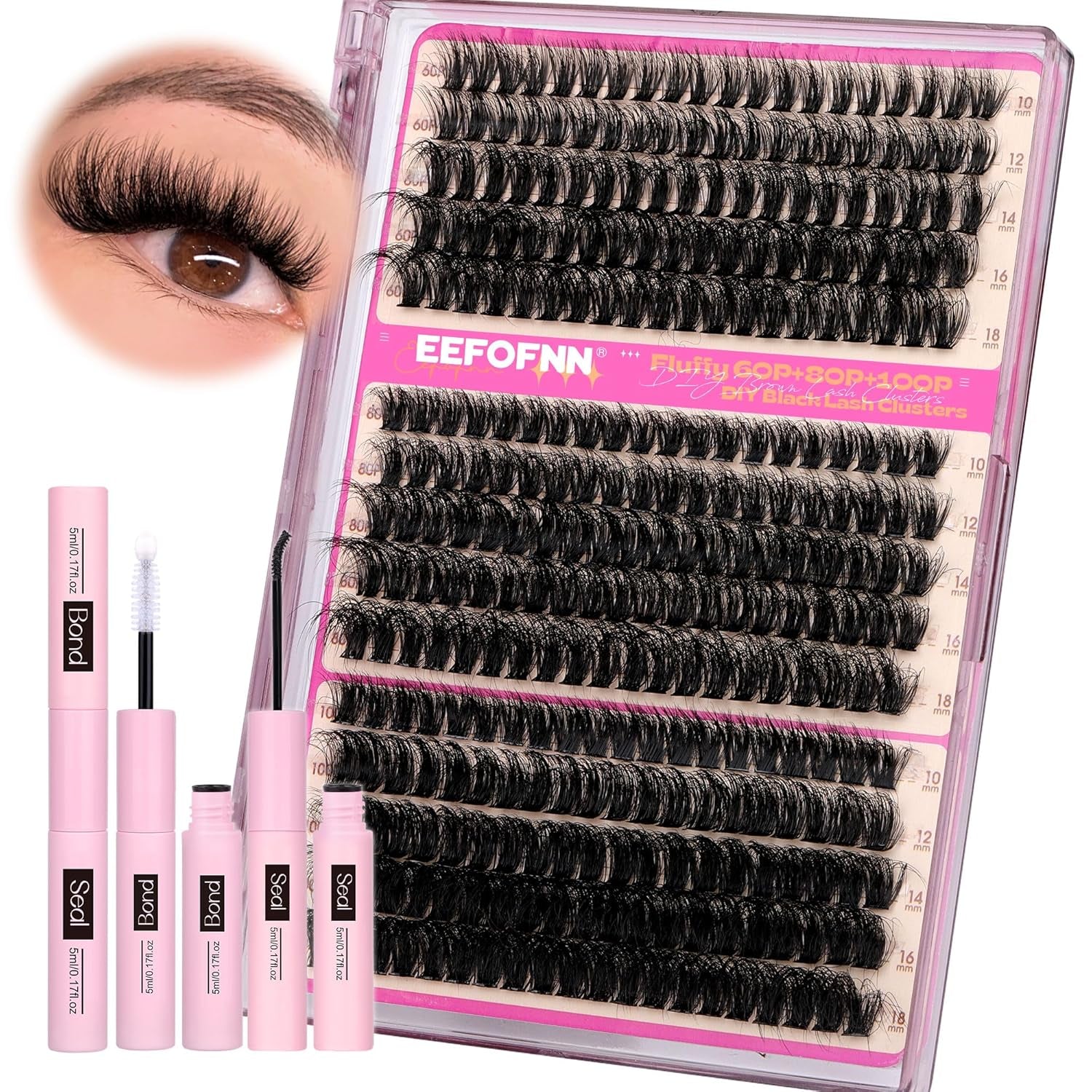 DIY Lash Extension Kit Full Lash Clusters Kit 300PCS Eyelash Clusters with Bond and Seal Glue Thick 60D+80D+100D Cluster Eyelash Extensions Kit D-Curly Volume Individual Lashes Kit at Home by