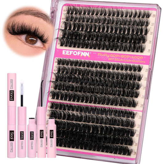 DIY Lash Extension Kit Full Lash Clusters Kit 300PCS Eyelash Clusters with Bond and Seal Glue Thick 60D+80D+100D Cluster Eyelash Extensions Kit D-Curly Volume Individual Lashes Kit at Home by