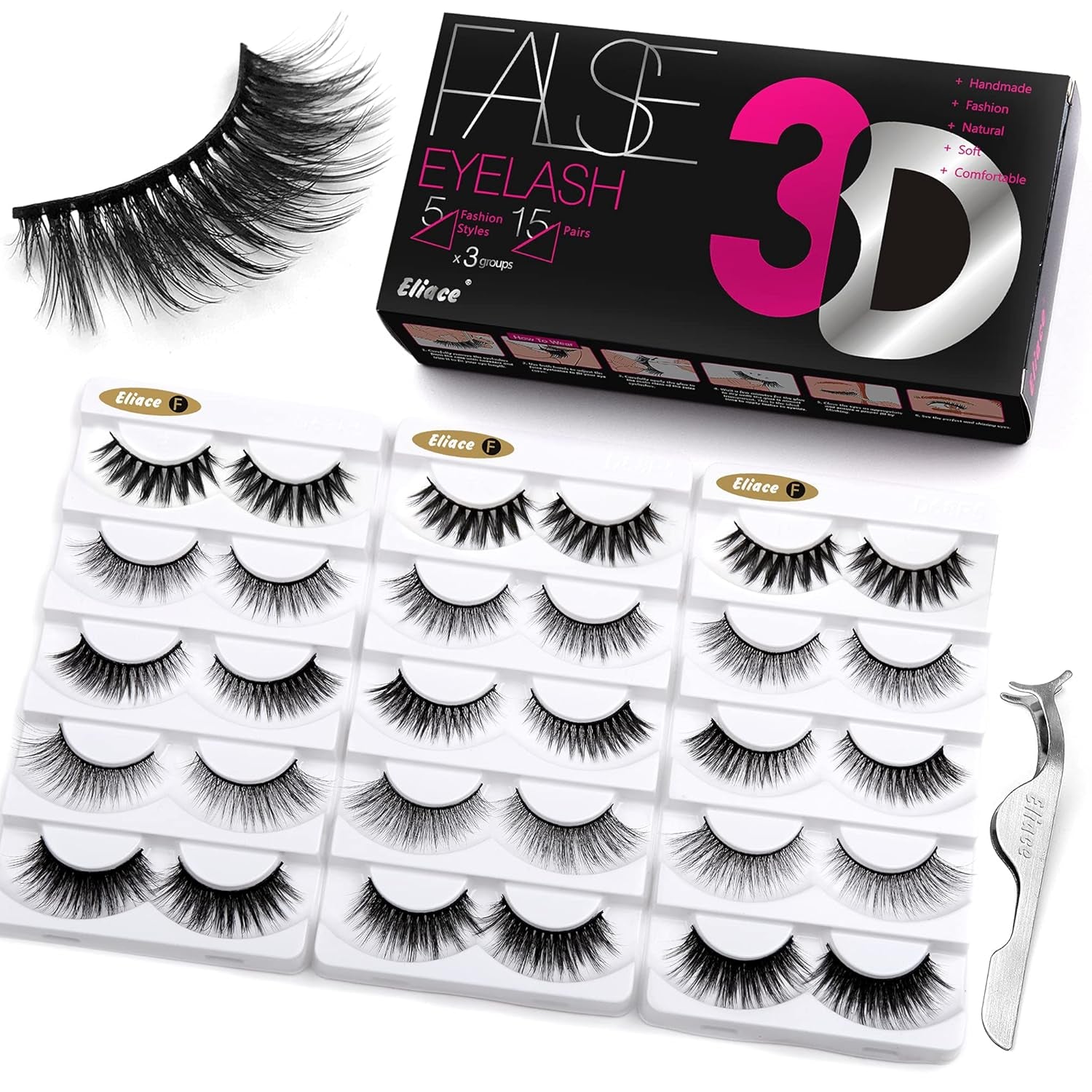 False Eyelashes Natural Look Cat Eye Lashes Wispy Strips 3D Mink Lashes Fulffy,15 Pairs 5 Styles Fake Eyelashes Faux Volume Curly Full,Thin Lash Band Soft Comfortable Lightweight Lash Pack