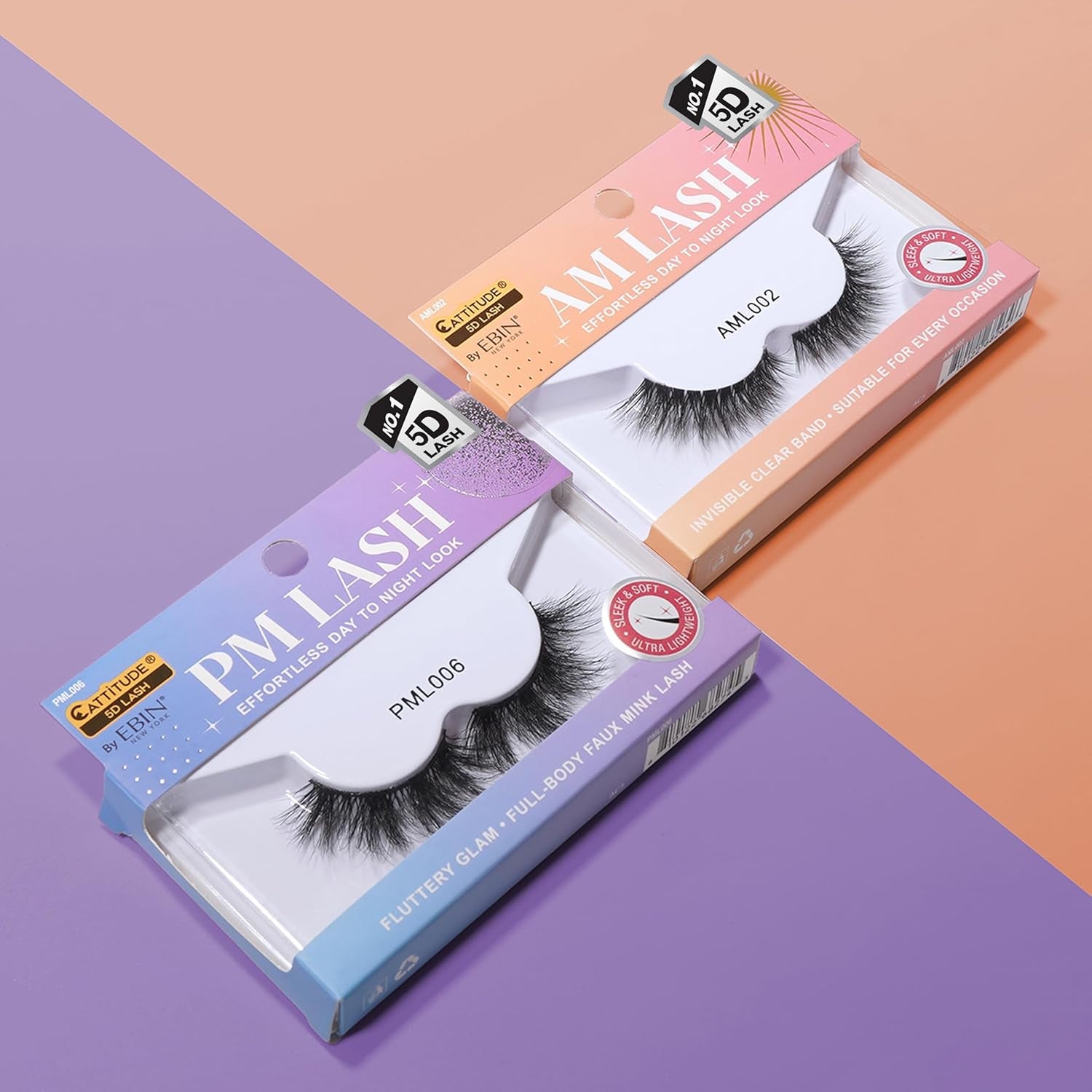 CATTITUDE 5D AM/PM False Eyelashes - Flare Volume Style, Soft Faux Mink & Ultra Lightweight, Invisible Clear Band, Easy to Apply, Reusable, Natural Everyday Look, Cruelty Free