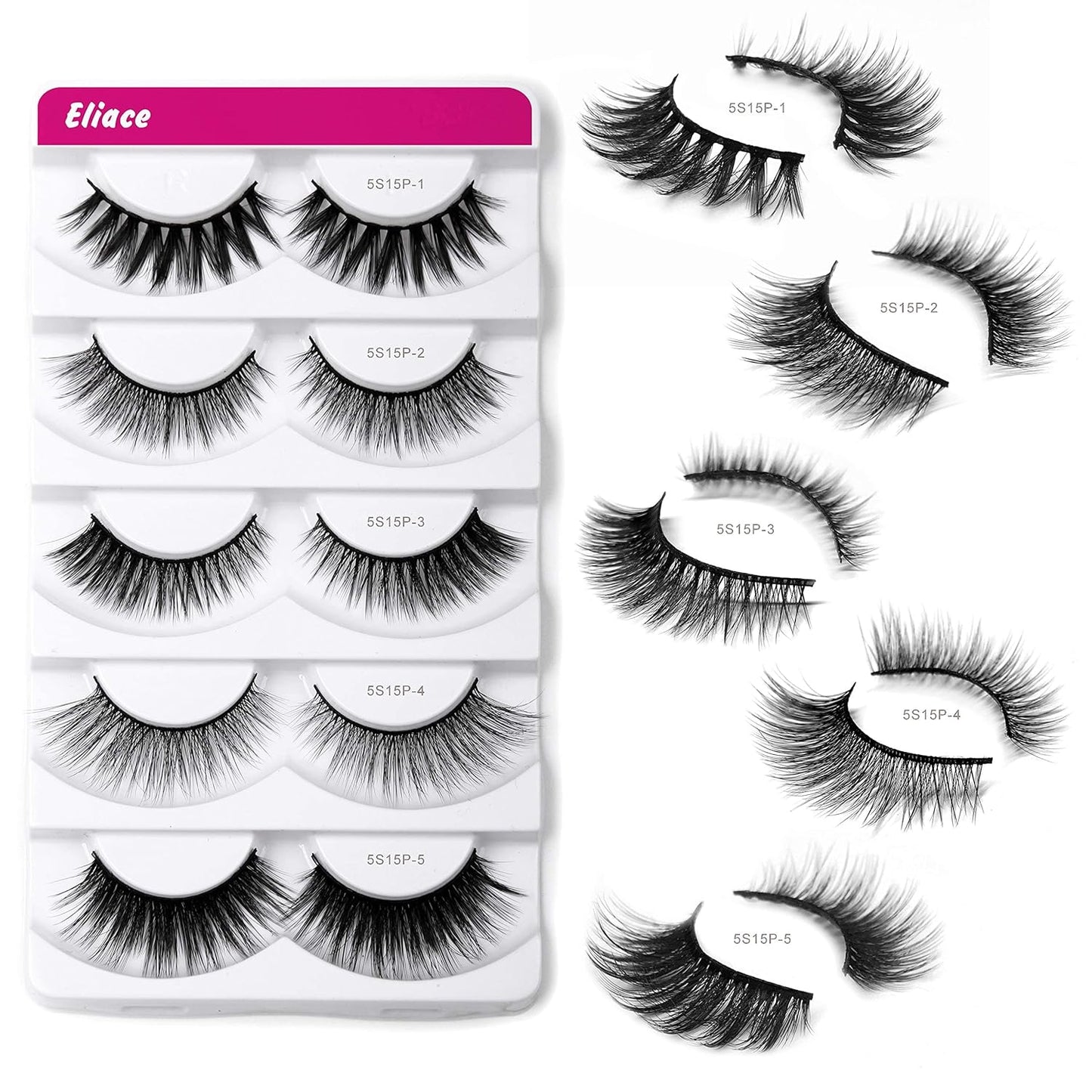 False Eyelashes Natural Look Cat Eye Lashes Wispy Strips 3D Mink Lashes Fulffy,15 Pairs 5 Styles Fake Eyelashes Faux Volume Curly Full,Thin Lash Band Soft Comfortable Lightweight Lash Pack