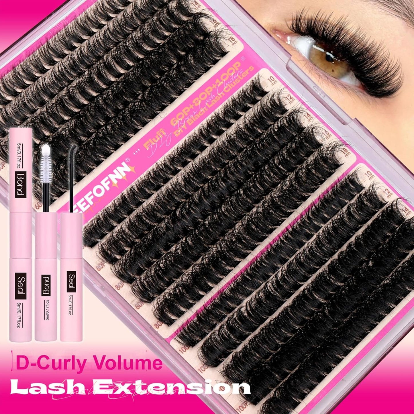 DIY Lash Extension Kit Full Lash Clusters Kit 300PCS Eyelash Clusters with Bond and Seal Glue Thick 60D+80D+100D Cluster Eyelash Extensions Kit D-Curly Volume Individual Lashes Kit at Home by