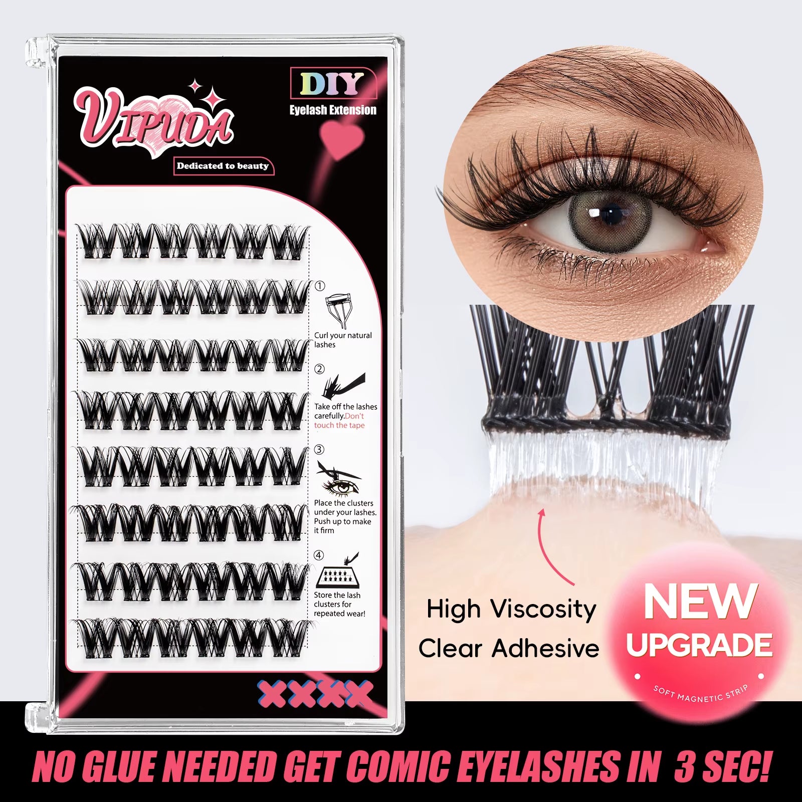 Self Adhesive Cluster Lashes Press on No Glue Needed Segmented Eyelashes Reusable DIY Individual Eyelash Extension