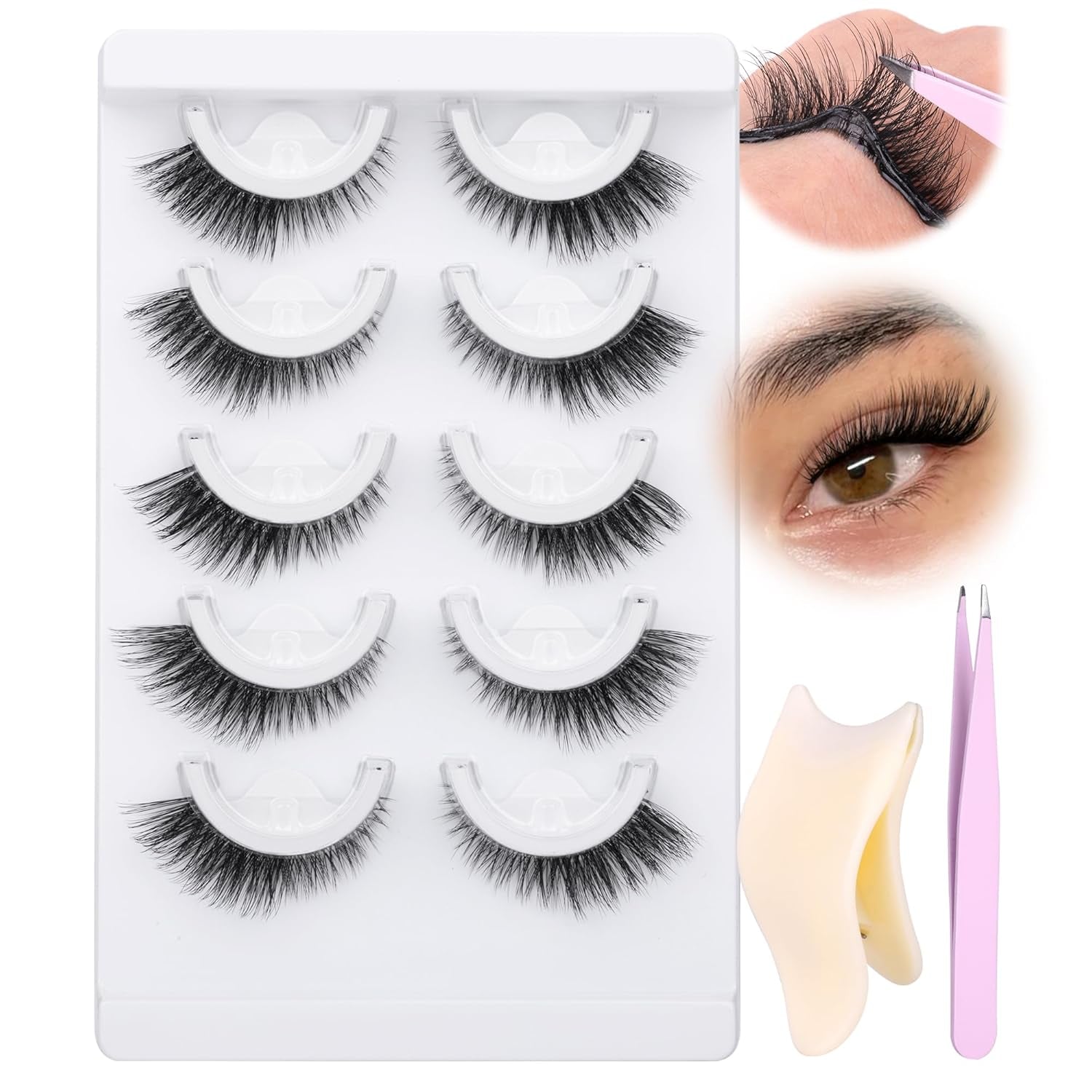 Self Adhesive Eyelashes Natural No Glue Needed Eyelashes Cat Eye Lashes Wispy Self Adhesive Lashes Fluffy Strip Lashes without Eyeliner Reusable Wispy Self-Adhesive Lashes with Lash Clip and Tweezers