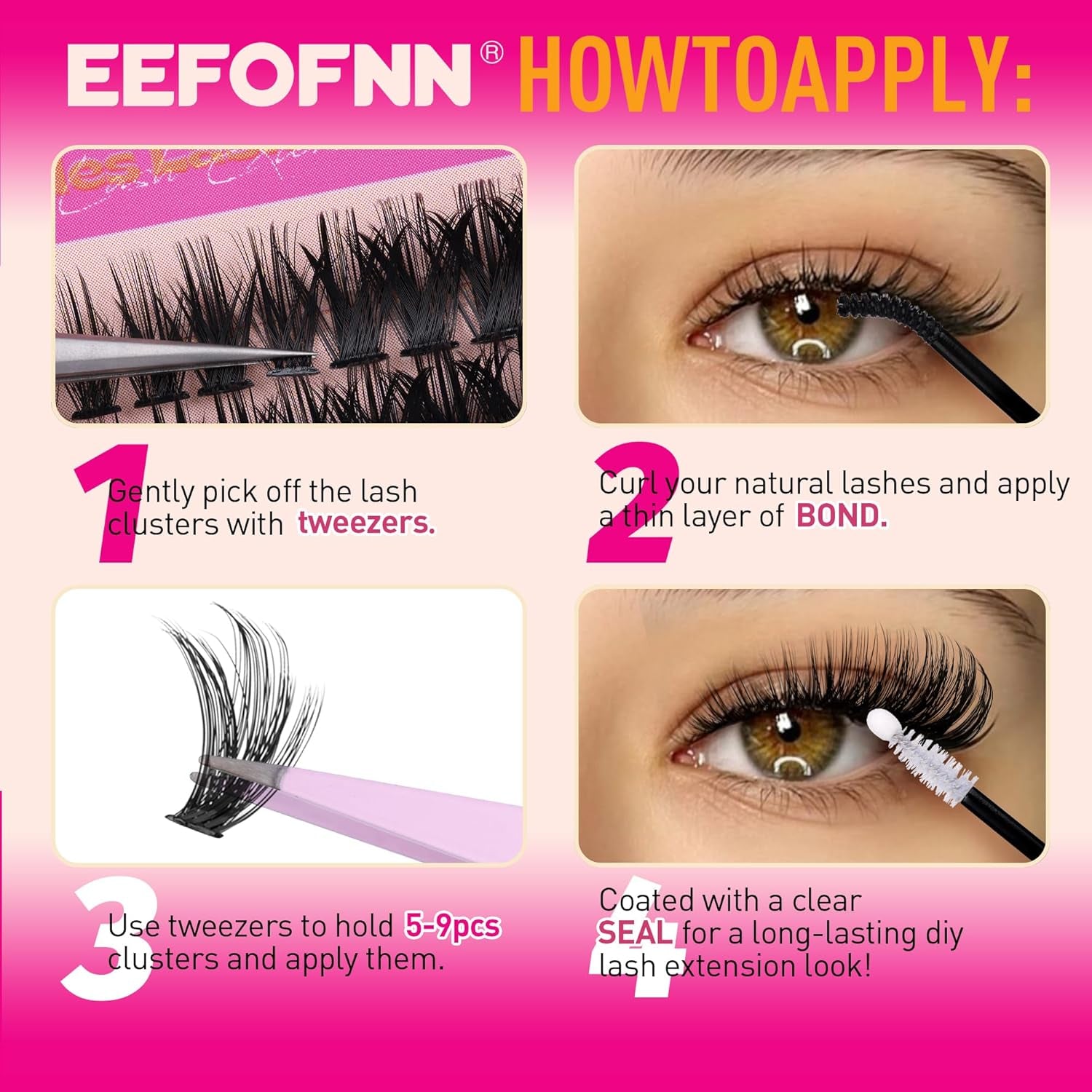 Lash Clusters Kit Wispy Cluster Eyelash Extensions Kit Left Right Cat Eye Lashes Bond and Seal Lash Tweezers D-Curly Volume Eyelash Clusters Kit Mixed Styles Full Individual Lashes Kit