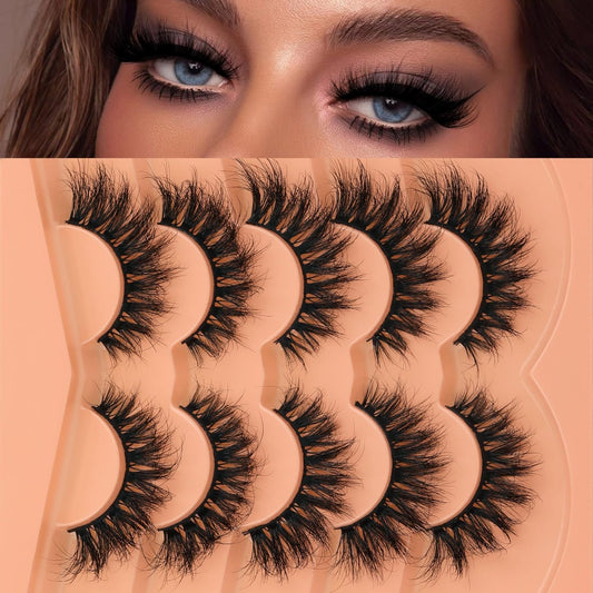 Fluffy Lashes Mink False Eyelashes Cat Eye Lashes Natural Look Volume Faux Mink Eyelashes 5 Pairs Multipack by
