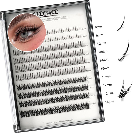 Bluesmurfs Individual False Lash DIY Eyelash Extensions 348 Clusters Lashes CD Curl Long Lashes Volume Individual Lashes Mixed Tray Faux Mink Fake Eyelashes Top Bottom Lashes DIY at Home (6-15Mm MIX)