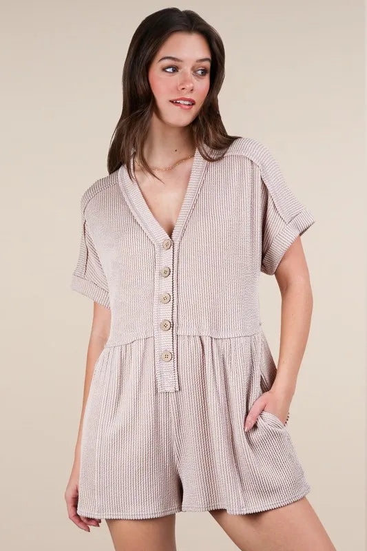 VERY J Two Tone Ribbed Knit Comfy Casual Romper