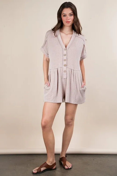 VERY J Two Tone Ribbed Knit Comfy Casual Romper