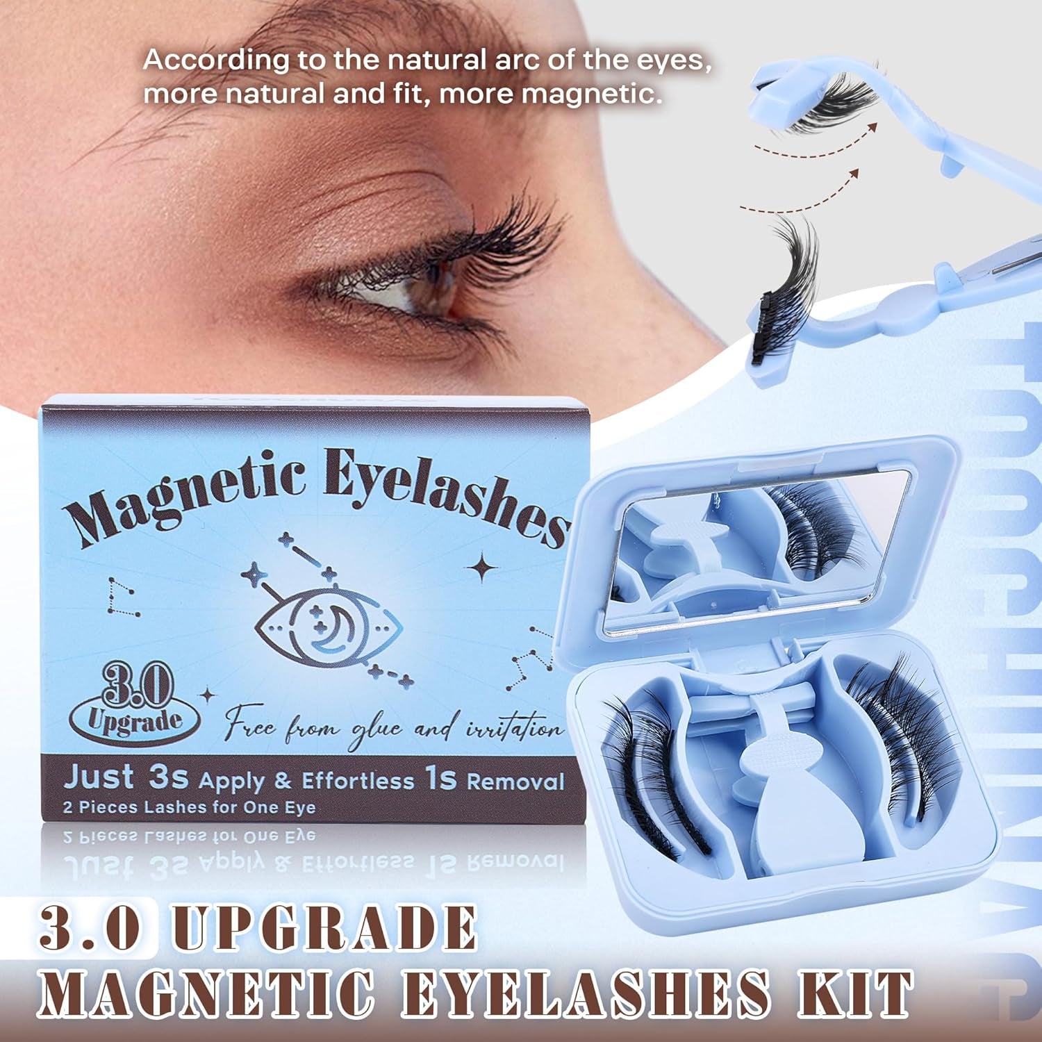 3.0 Magnetic Eyelashes with Applicator Cat Eye Magnetic Lashes Kit with Strong Magnets Reusable Magnetic Eyelashes without Eyeliner Natural Look No Glue Needed 16Mm Fluffy False Lashes