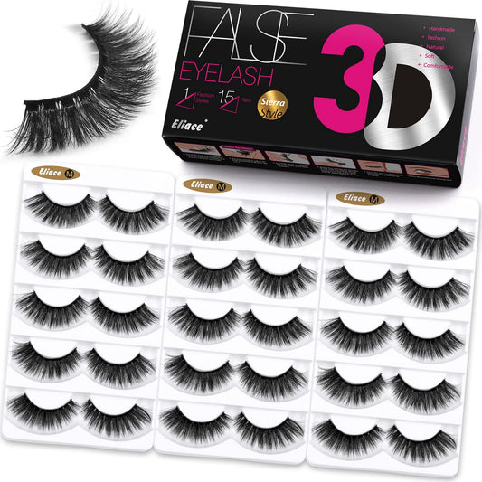 False Eyelashes Natural Look Cat Eye Lashes Wispy, 3D Mink Lashes Fluffy Long Thick, Fake Eyelashes Cross Wispy Volume Lash Soft Reusable Dramatic, 15 Pairs, Sierra Style