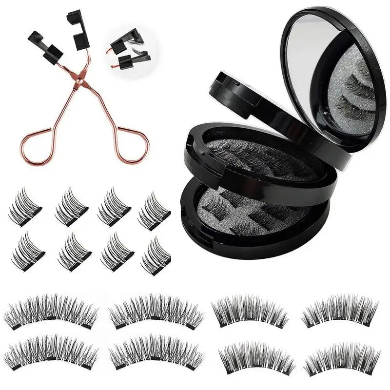 3D Dual Magnetic Eyelashes Kit with Eyelash Curler 8 Pairs Reusable Easy to Wear Fake Eye Lashes Extension Makeups Kits