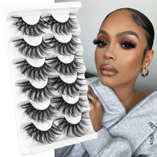 Mink Lashes Wispy False Eyelashes Cat Eye Lashes Natural Look Fluffy 8D Volume Strip Fake Eyelashes 6 Pairs Pack, Long-Lasting, Ultra-Light, CC Curl Lash Extension Effect (CD21)