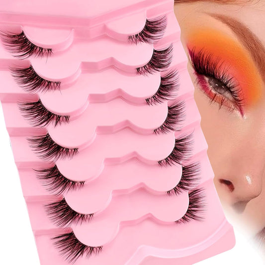 Half Lashes with Clear Band, 15Mm Natural Look Fox Eye Fluffy Wispy 3D Curly Eyelashes, Cat-Eye Accent Lashes That Look like Extensions, Faux Mink False Eyelashes 7 Pairs Pack(Cz-27)